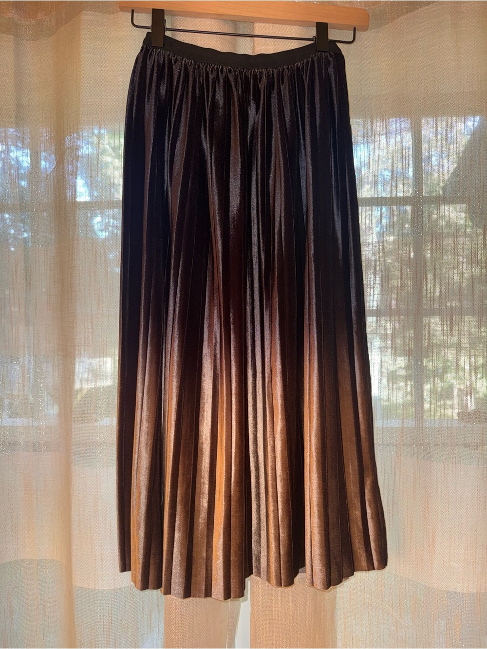 THML Metallic Pleated Midi Skirt in Brown and Black